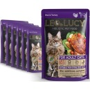 LEO&LUCY Влажный холистик корм консервированный полнорационный – кусочки в соусе для взрослых кошек с телятиной, индейкой и биодобавками, подходит для стерилизованных, 6 шт