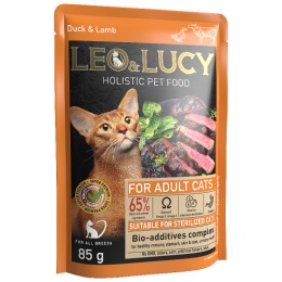 LEO&LUCY Влажный холистик корм взрослых кошек с уткой, ягненком и биодобавками, подходит для стерилизованных, упаковка 32 шт