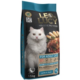 LEO&LUCY сухой холистик корм полнорационный для взрослых кошек с ягненком, уткой и биодобавками, подходит для стерилизованных, 1500 г