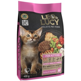 LEO&LUCY сухой холистик корм полнорационный для котят с индейкой, овощами и биодобавками, 400 г