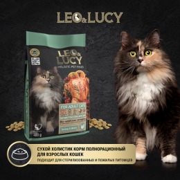 LEO&LUCY сухой холистик корм полнорационный для взрослых кошек с индейкой, ягодами и биодобавками, подходит для стерилизованных и пожилых, 400 г
