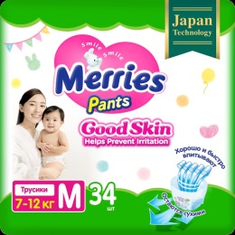 Merries трусики Good Skin для детей размер M 7-12 кг, 34 шт