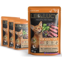 LEO&LUCY Влажный холистик корм консервированный полнорационный - кусочки в соусе для взрослых кошек с уткой, ягненком и биодобавками, подходит для стерилизованных, 3 шт