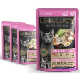 LEO&LUCY Влажный холистик корм консервированный полнорационный - кусочки в соусе для взрослых кошек с индейкой, кроликом и биодобавками, подходит для стерилизованных,3 шт