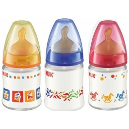 Nuk бутылочка "First choice", пластиковая, разноцветная, 150 мл + соска с вентиляцией из латекса для молока, размер 1 М