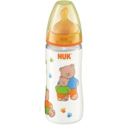 Nuk бутылочка "First choice", пластиковая, разноцветная, 300 мл + соска с вентиляцией из латекса для молока, размер 1 М
