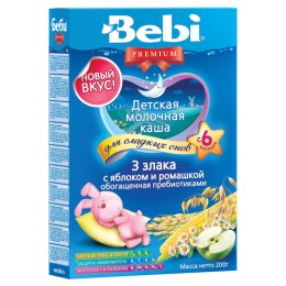 Bebi Premium каша молочная "Для сладких снов" 3 злака с яблоком и ромашкой, с 6 месяцев, 200 г
