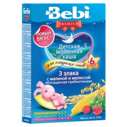 Bebi Premium каша молочная "Для сладких снов" 3 злака с малиной и мелиссой,  с 6 месяцев, 200 г