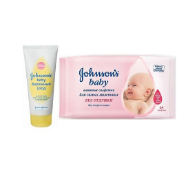 Johnson`s baby влажные салфетки "Для самых маленьких" без отдушки 64 шт + крем для новорожденных "Бережный уход" 15 мл