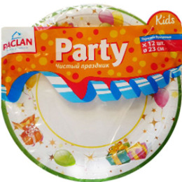 Paclan тарелка бумаж с рисунком "Party. Kids" 230 мл 12 шт в упаковке + стакан бумажный 250 мл 6 шт