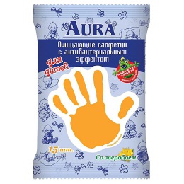 Aura салфетки влажные "Зверобой" детские антибактериальные стикер, 15 шт