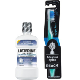 Listerine ополаскиватель "Экспертное отбеливание" для полости рта  250 мл,  зубная щетка "REACH Stay White" средняя